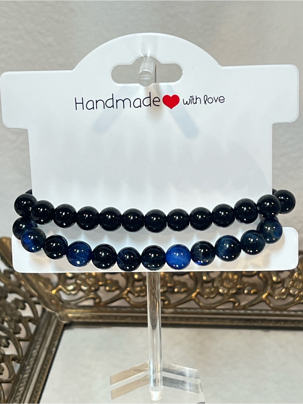 💥3/$50 NEW! Black Obsidian and Dk Blue Tiger’s Eye Beaded Stretch Bracelets
